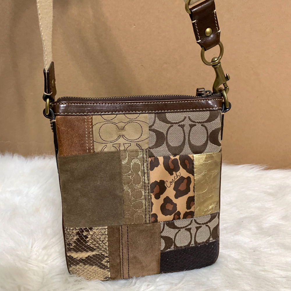 COACH Gallery Patchwork Multi-Texture Swing Pack Crossbody #40916 Brown Gold Tan - Picture 12 of 15